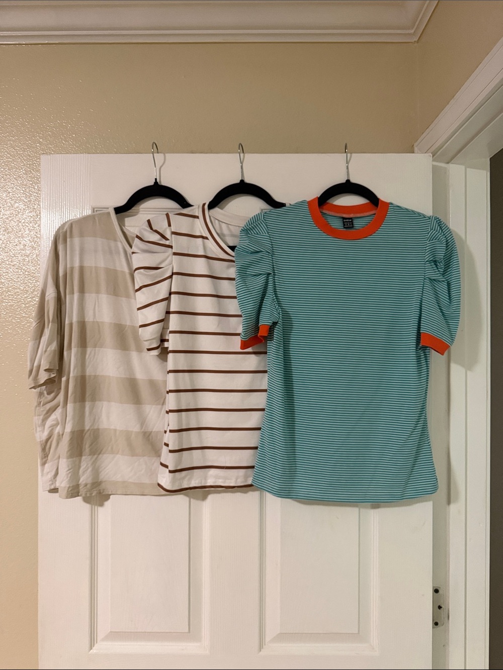 Striped Puff Sleeve Tops - Teal, Cream, Beige
